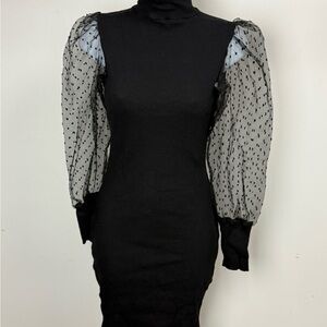 Elegant Black Dress with Sheer Polka Dot Sleeves